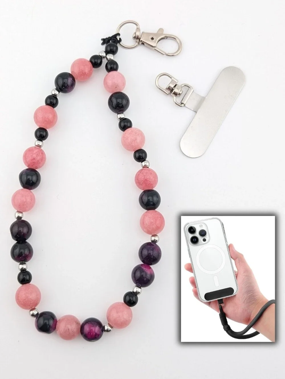 NWT Phone Lanyard/ Key Chain Bracelet Wrist Strap With Pink & Black Beads